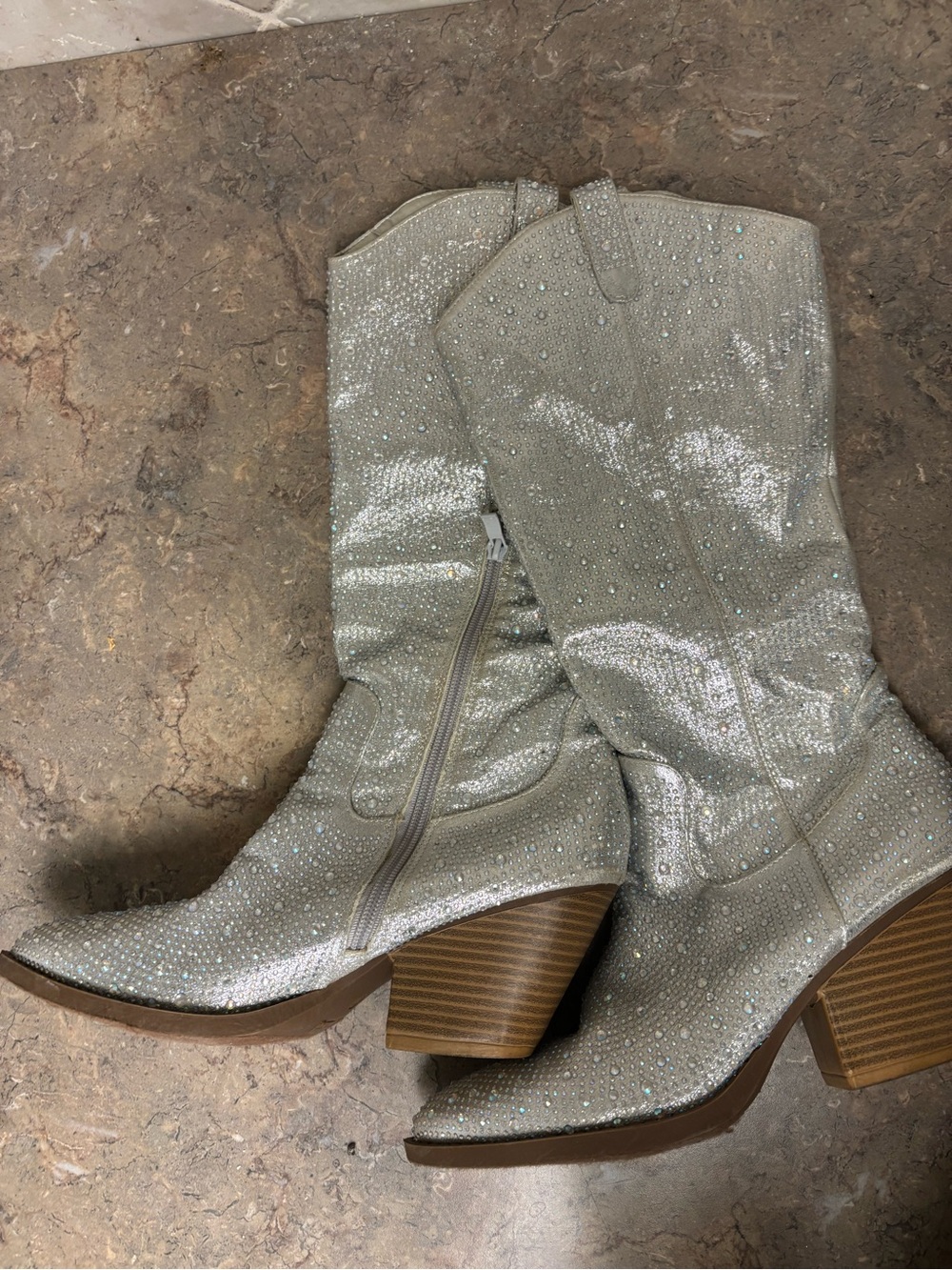 Forever 21 Silver Glitter Western Block Heel Boots